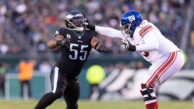 Jan 8, 2023; Philadelphia, Pennsylvania, USA; Philadelphia Eagles defensive end Brandon Graham (55) and New York Giants guard Joshua Ezeudu (75) in action during the first quarter at Lincoln Financial Field.